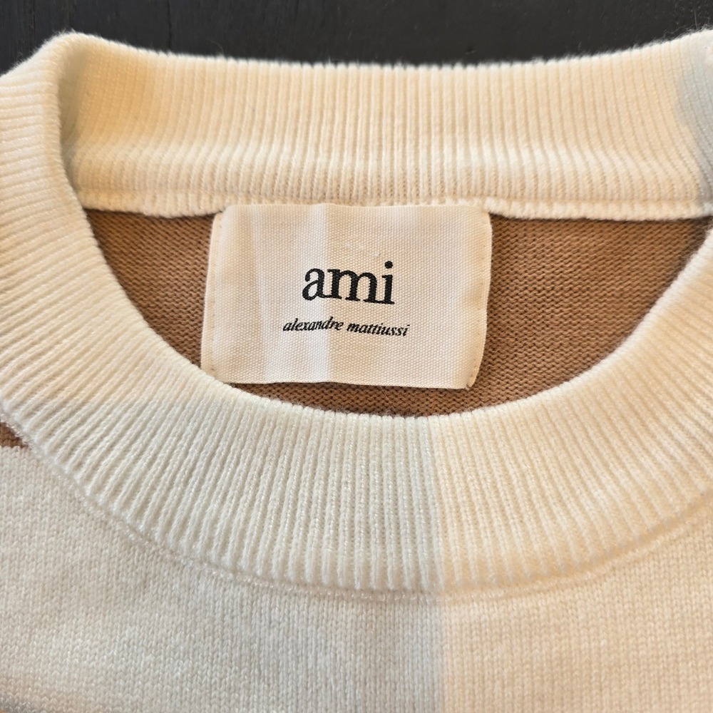 Ami Paris Alexandre Mattiussi Striped Crewneck Sweater Tan Cream Ami de Coeur M - Picture 2 of 4